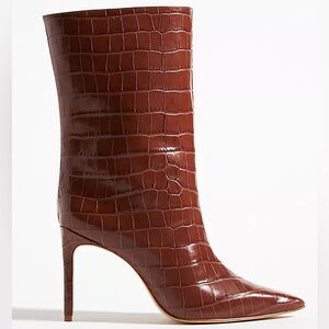 SCHUTZ Brown Croc-Embossed Mid-Calf Pointed Toe Boot